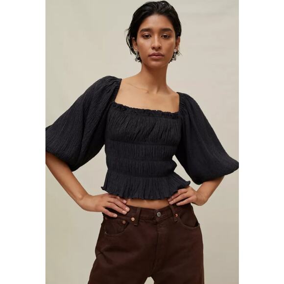 Urban Outfitters Vida Lace Up Smocked Top Ruffle Balloon Sleeve Backless Blouse - Picture 2 of 11
